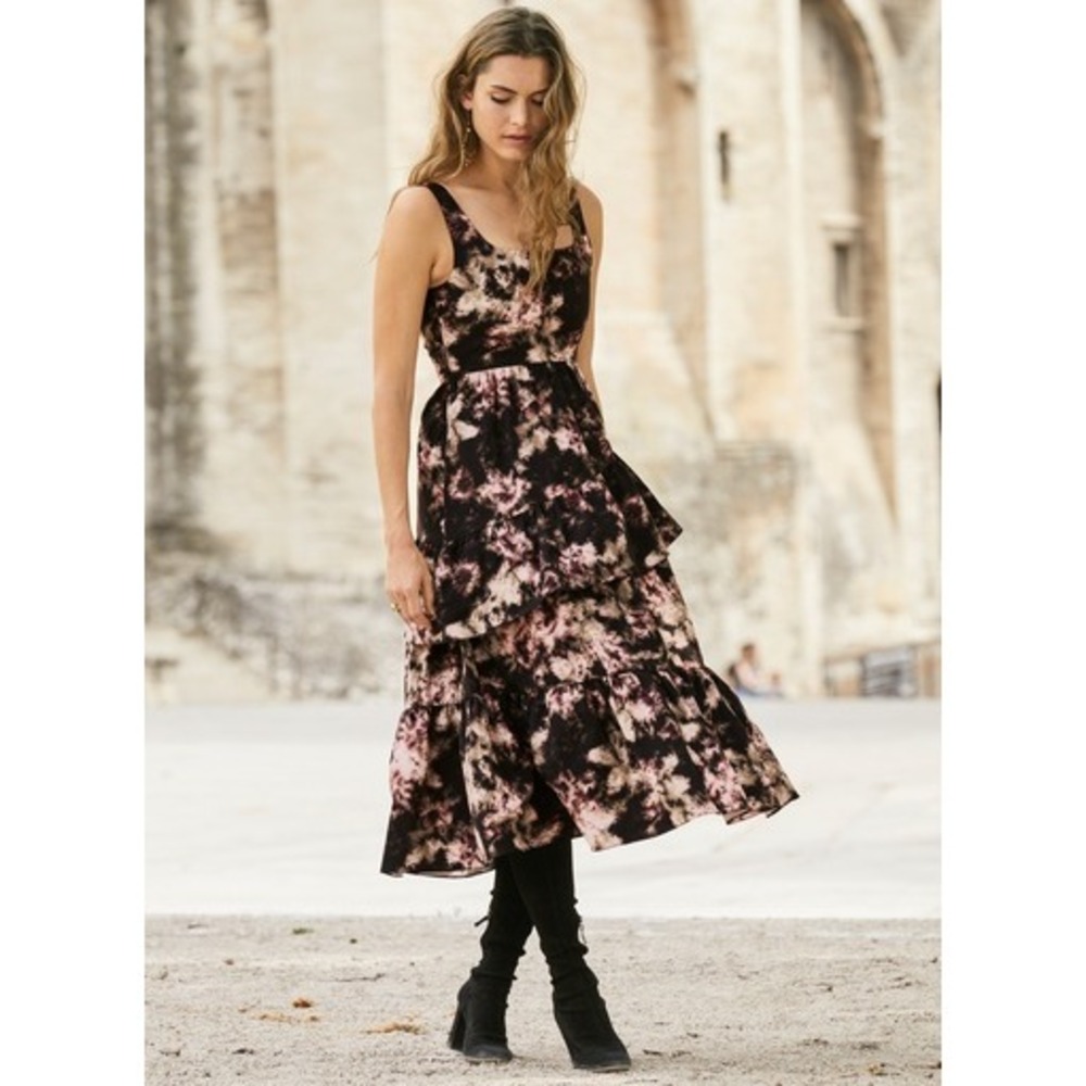 Peruvian Connection NWT 8G Rosewater‎ Dress Black Floral Tiered Midi Size 4